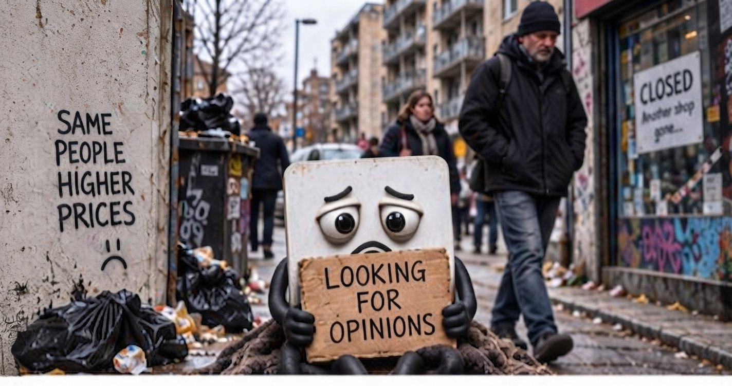 Rundown street with closed shops and litter, a cardboard sign reading "looking for opinions"
