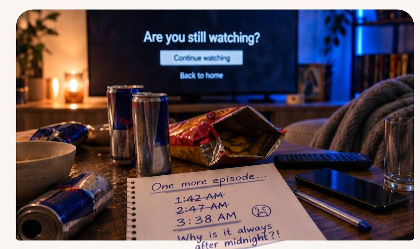 Late-night couch scene with energy drinks and a "Are you still watching?" prompt on the TV