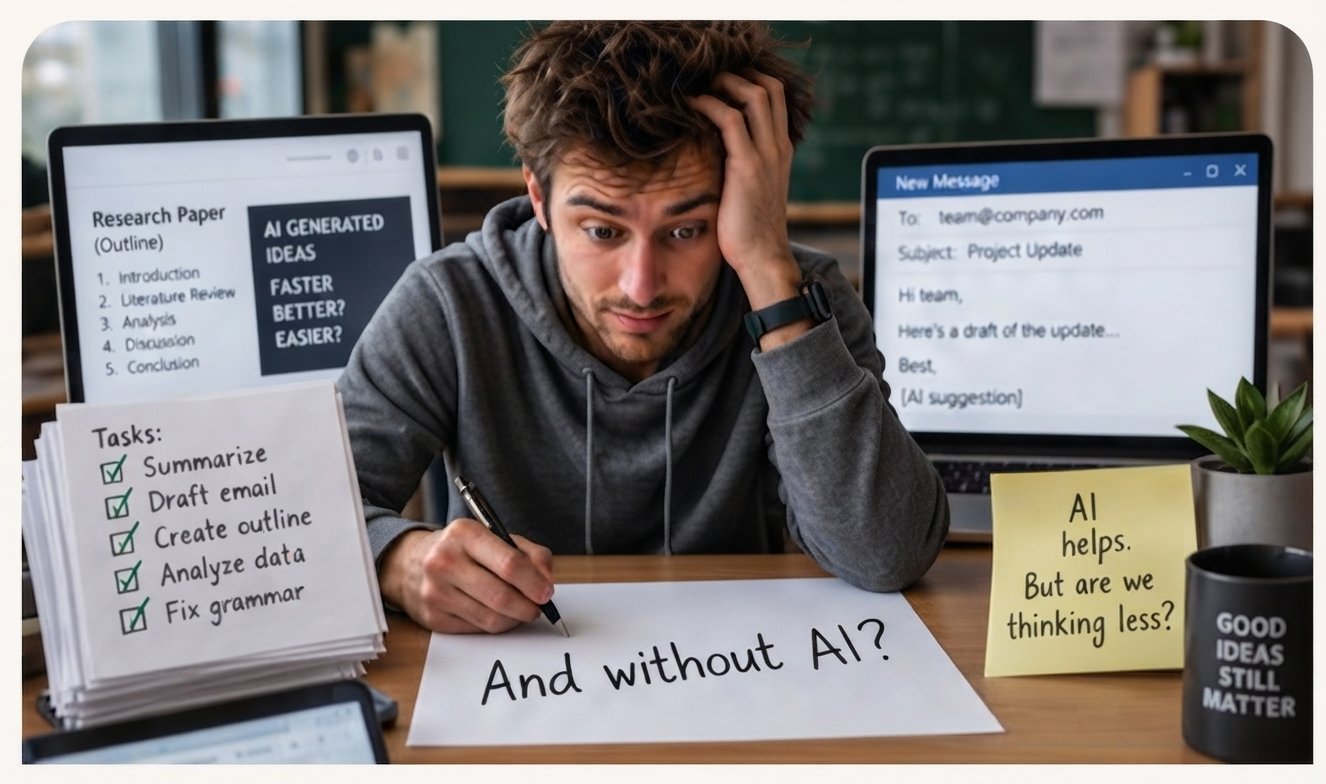 Stressed person at a desk writing "And without AI?" on a sheet of paper